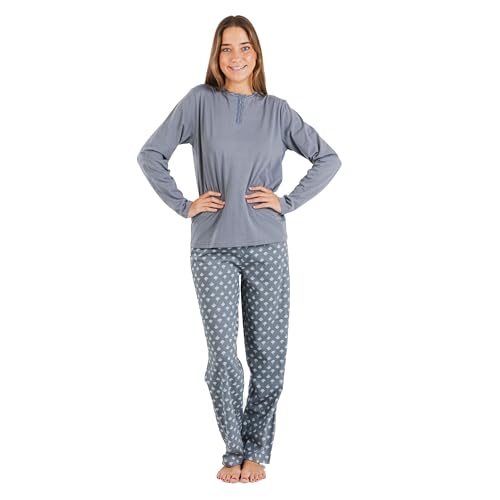 TRAMAS+ Schlafanzug für Frauen aus 100% Baumwolle, Langer Schlafanzug für Frauen, Langarm-T-Shirt und Lange Hose mit Verstellbarer Taille, Damen-Set-L, Summer Azul Azafata von TRAMAS+