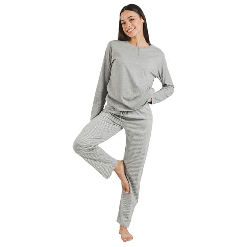 TRAMAS+ Schlafanzug für Frauen aus 100% Baumwolle, Langer Schlafanzug für Frauen, Langarm-T-Shirt und Lange Hose mit Verstellbarer Taille, Damen-Set - M, Raya Chuck gris von TRAMAS+