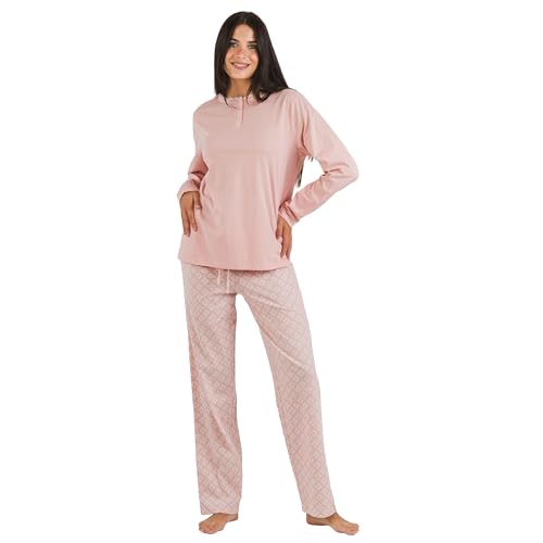 TRAMAS+ Schlafanzug für Frauen aus 100% Baumwolle, Langer Schlafanzug für Frauen, Langarm-T-Shirt und Lange Hose mit Verstellbarer Taille, Damen-Set- S, Checo Rosa von TRAMAS+