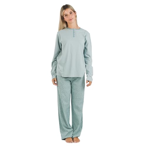 TRAMAS+ Schlafanzug für Frauen aus 100% Baumwolle, Langer Schlafanzug für Frauen, Langarm-T-Shirt und Lange Hose mit Verstellbarer Taille, Damen-Set-XL, Anita Indigo von TRAMAS+