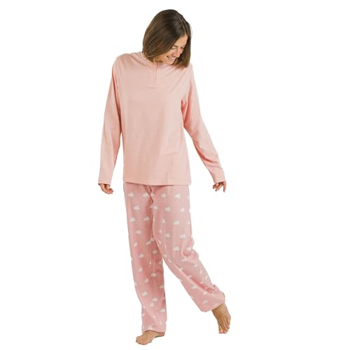 TRAMAS+ Schlafanzug für Frauen aus 100% Baumwolle, Langer Schlafanzug für Frauen, Langarm-T-Shirt und Lange Hose mit Verstellbarer Taille, Damen-Set - XL, Nubecita Rosa von TRAMAS+