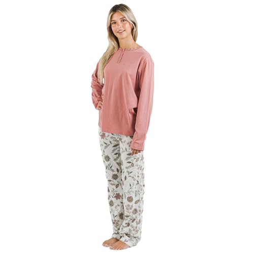 TRAMAS+ Schlafanzug für Frauen aus 100% Baumwolle, Langer Schlafanzug für Frauen, Langarm-T-Shirt und Lange Hose mit Verstellbarer Taille, Damen-Set - XL, Rosaura von TRAMAS+
