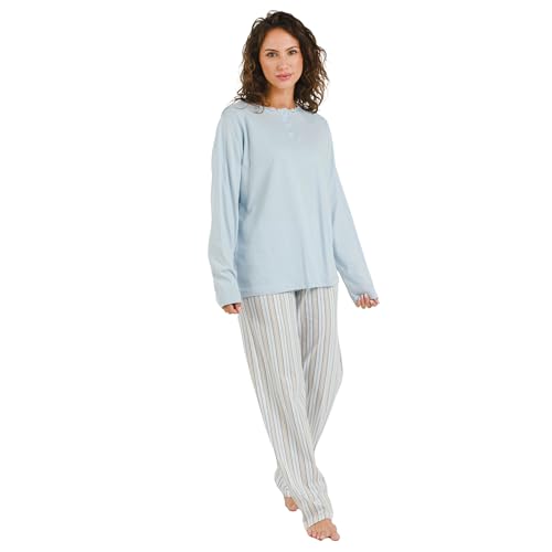 TRAMAS+ Schlafanzug für Frauen aus 100% Baumwolle, Langer Schlafanzug für Frauen, Langarm-T-Shirt und Lange Hose mit Verstellbarer Taille, Damen-Set - M, Raya Bill Celeste von TRAMAS+