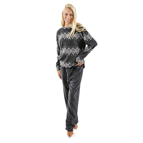 TRAMAS+ Warmer Schlafanzüge Damen Pyjama Set Lang Zweiteiliger Nachtwäsche Fleece Warm Winter Flanell für Mädchen | Andros Grau, M von TRAMAS+