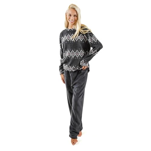 TRAMAS+ Warmer Schlafanzüge Damen Pyjama Set Lang Zweiteiliger Nachtwäsche Fleece Warm Winter Flanell für Mädchen | Andros Grau, XL von TRAMAS+