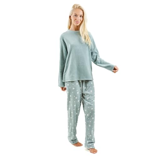 TRAMAS+ Warmer Schlafanzüge Damen Pyjama Set Lang Zweiteiliger Nachtwäsche Fleece Warm Winter Flanell für Mädchen | Cosmo Tiffanygrün, L von TRAMAS+