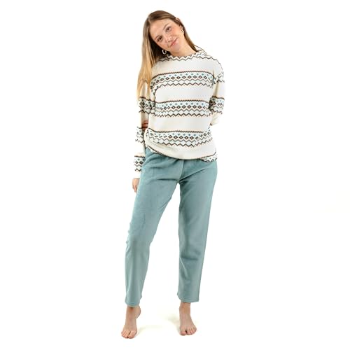 TRAMAS+ Warmer Schlafanzüge Damen Pyjama Set Lang Zweiteiliger Nachtwäsche Fleece Warm Winter Flanell für Mädchen | Gwendolyn Blau Grün, L von TRAMAS+