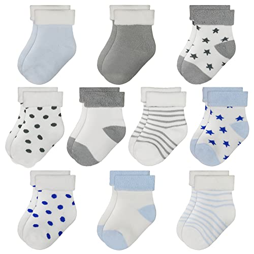 TRAMLE Baby Jungen Socken Dicke Frottee Socken, 10 Paar (0-3 Jahre) für Neugeborene Jungen Mädchen, Niedliches warmes Knöchel-Crew-Socken-Set, Grau+Blau, 0-6 Monate von TRAMLE