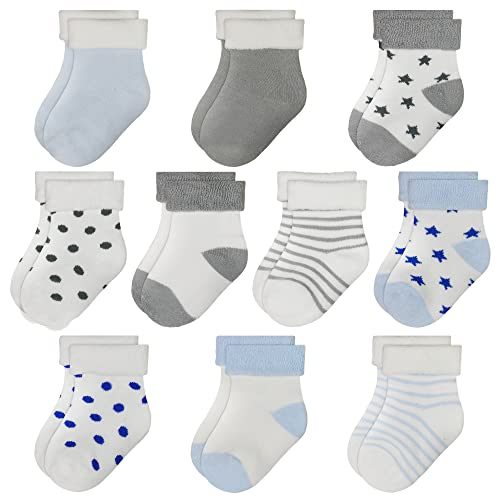 TRAMLE Baby-Socken für Jungen, dick, Frotteesocken, 10 Paar (0–3 Jahre) für Neugeborene, Jungen, Mädchen, niedlich, warm, Knöchelsocken-Set, Grau+Blau, 6- 12 Monate von TRAMLE