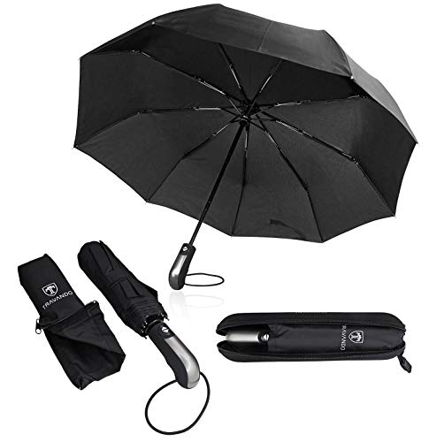 TRAVANDO Regenschirm Schirm Taschenschirm Umbrella Trekkingschirm Wanderregenschirm Sturmfest Herren, windfest 150 km/h wasserabweisend Teflon-Beschichtung klein leicht transparent 95 cm schwarz von TRAVANDO