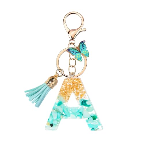 TRAVELKNOT Schlüsselanhänger Buchstabe Mädchen Damen Süß Quasten Schmetterling Keychain Schultasche Auto Personalisierte Geschenke Blau von TRAVELKNOT