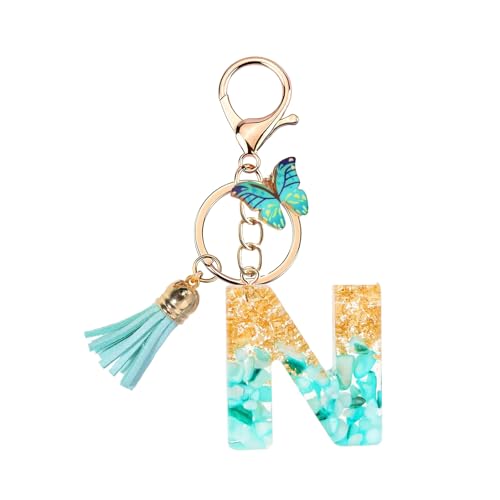 TRAVELKNOT Schlüsselanhänger Buchstabe Mädchen Damen Süß Quasten Schmetterling Keychain Schultasche Auto Personalisierte Geschenke Blau von TRAVELKNOT