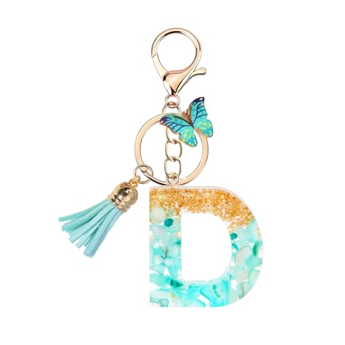 TRAVELKNOT Schlüsselanhänger Buchstabe Mädchen Damen Süß Quasten Schmetterling Keychain Schultasche Auto Personalisierte Geschenke Blau von TRAVELKNOT