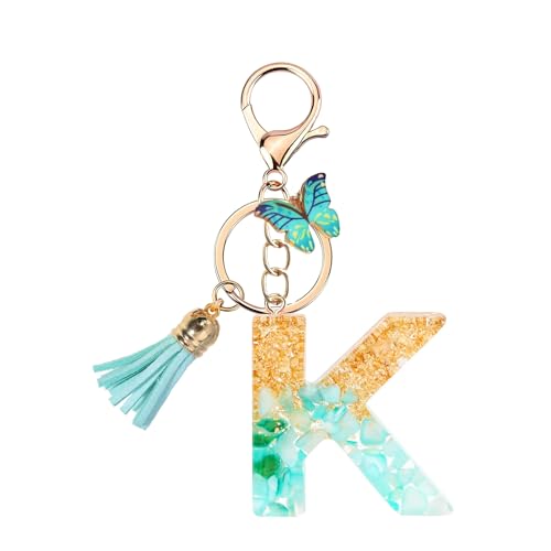 TRAVELKNOT Schlüsselanhänger Buchstabe Mädchen Damen Süß Quasten Schmetterling Keychain Schultasche Auto Personalisierte Geschenke Blau von TRAVELKNOT