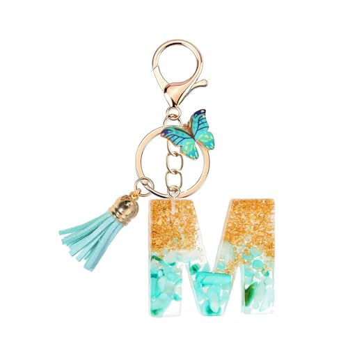 TRAVELKNOT Schlüsselanhänger Buchstabe Mädchen Damen Süß Quasten Schmetterling Keychain Schultasche Auto Personalisierte Geschenke Blau von TRAVELKNOT