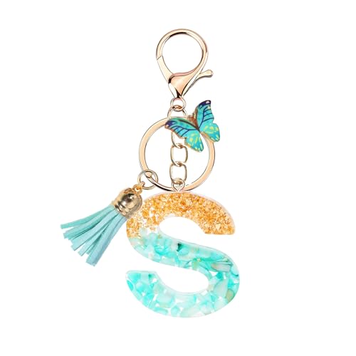 TRAVELKNOT Schlüsselanhänger Buchstabe Mädchen Damen Süß Quasten Schmetterling Keychain Schultasche Auto Personalisierte Geschenke Blau von TRAVELKNOT