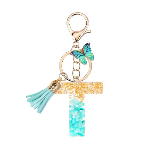 TRAVELKNOT Schlüsselanhänger Buchstabe Mädchen Damen Süß Quasten Schmetterling Keychain Schultasche Auto Personalisierte Geschenke Blau von TRAVELKNOT