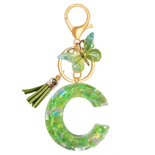 TRAVELKNOT Schlüsselanhänger Buchstabe Mädchen Damen Süß Quasten Schmetterling Keychain Schultasche Auto Personalisierte Geschenke Grün von TRAVELKNOT