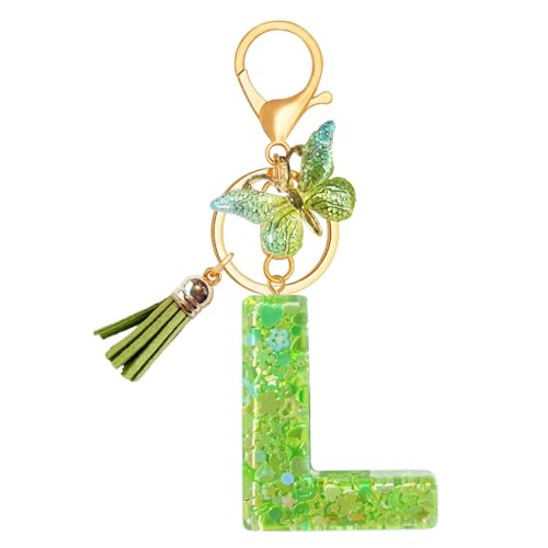 TRAVELKNOT Schlüsselanhänger Buchstabe Mädchen Damen Süß Quasten Schmetterling Keychain Schultasche Auto Personalisierte Geschenke Grün von TRAVELKNOT