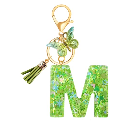 TRAVELKNOT Schlüsselanhänger Buchstabe Mädchen Damen Süß Quasten Schmetterling Keychain Schultasche Auto Personalisierte Geschenke Grün von TRAVELKNOT