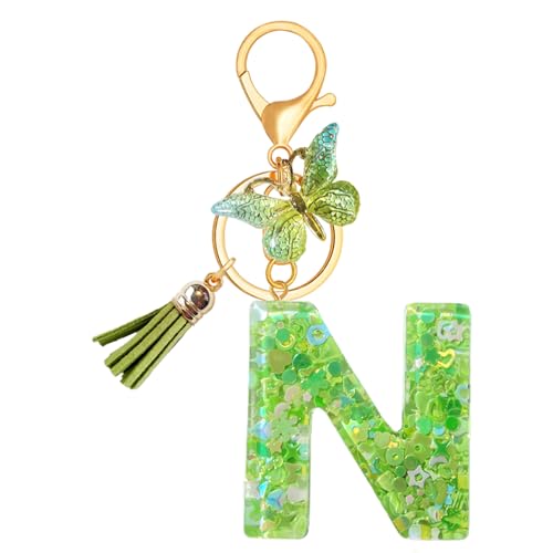 TRAVELKNOT Schlüsselanhänger Buchstabe Mädchen Damen Süß Quasten Schmetterling Keychain Schultasche Auto Personalisierte Geschenke Grün von TRAVELKNOT