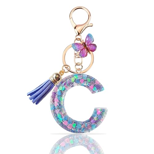 TRAVELKNOT Schlüsselanhänger Buchstabe Mädchen Damen Süß Quasten Schmetterling Keychain Schultasche Auto Personalisierte Geschenke Lila von TRAVELKNOT