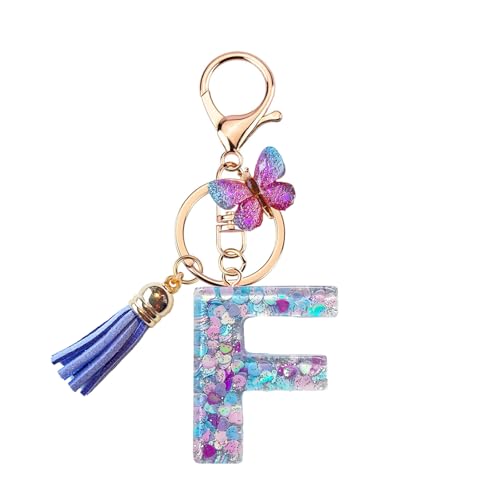 TRAVELKNOT Schlüsselanhänger Buchstabe Mädchen Damen Süß Quasten Schmetterling Keychain Schultasche Auto Personalisierte Geschenke Lila von TRAVELKNOT