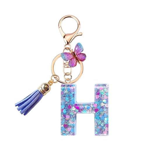 TRAVELKNOT Schlüsselanhänger Buchstabe Mädchen Damen Süß Quasten Schmetterling Keychain Schultasche Auto Personalisierte Geschenke Lila von TRAVELKNOT