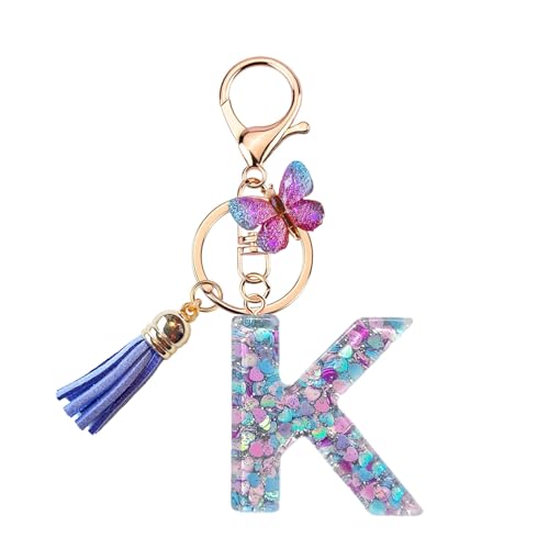 TRAVELKNOT Schlüsselanhänger Buchstabe Mädchen Damen Süß Quasten Schmetterling Keychain Schultasche Auto Personalisierte Geschenke Lila von TRAVELKNOT
