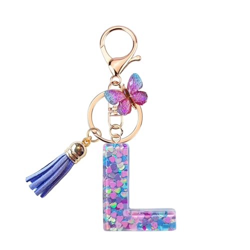 TRAVELKNOT Schlüsselanhänger Buchstabe Mädchen Damen Süß Quasten Schmetterling Keychain Schultasche Auto Personalisierte Geschenke Lila von TRAVELKNOT