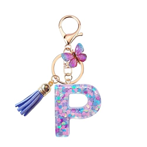 TRAVELKNOT Schlüsselanhänger Buchstabe Mädchen Damen Süß Quasten Schmetterling Keychain Schultasche Auto Personalisierte Geschenke Lila von TRAVELKNOT