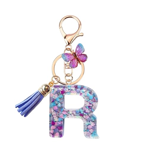 TRAVELKNOT Schlüsselanhänger Buchstabe Mädchen Damen Süß Quasten Schmetterling Keychain Schultasche Auto Personalisierte Geschenke Lila von TRAVELKNOT