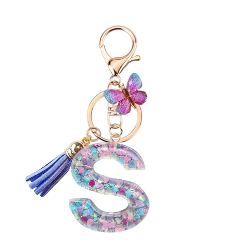 TRAVELKNOT Schlüsselanhänger Buchstabe Mädchen Damen Süß Quasten Schmetterling Keychain Schultasche Auto Personalisierte Geschenke Lila von TRAVELKNOT