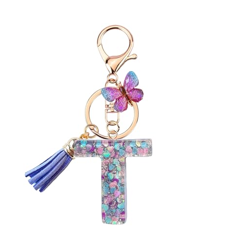 TRAVELKNOT Schlüsselanhänger Buchstabe Mädchen Damen Süß Quasten Schmetterling Keychain Schultasche Auto Personalisierte Geschenke Lila von TRAVELKNOT