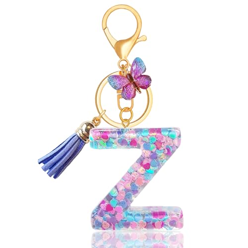 TRAVELKNOT Schlüsselanhänger Buchstabe Mädchen Damen Süß Quasten Schmetterling Keychain Schultasche Auto Personalisierte Geschenke Lila von TRAVELKNOT