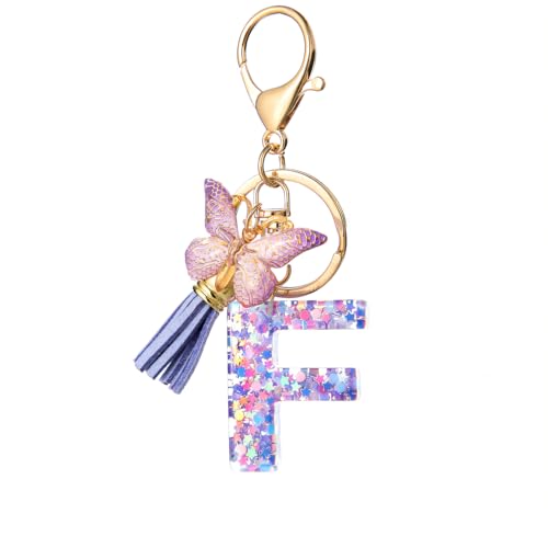 TRAVELKNOT Schlüsselanhänger Buchstabe Mädchen Damen Süß Quasten Schmetterling Keychain Schultasche Auto Personalisierte Geschenke Lila von TRAVELKNOT