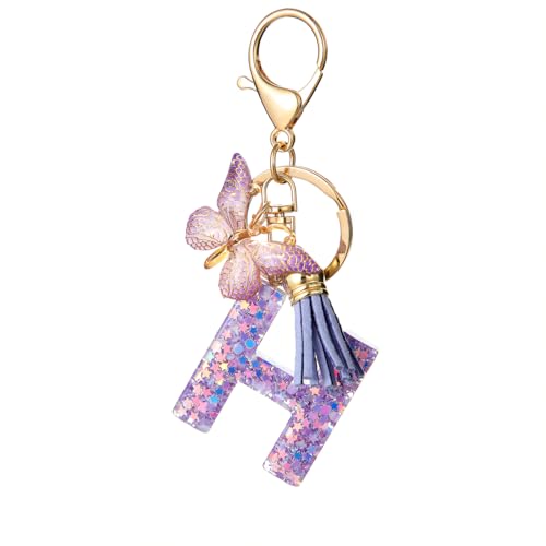 TRAVELKNOT Schlüsselanhänger Buchstabe Mädchen Damen Süß Quasten Schmetterling Keychain Schultasche Auto Personalisierte Geschenke Lila von TRAVELKNOT