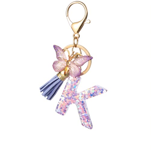 TRAVELKNOT Schlüsselanhänger Buchstabe Mädchen Damen Süß Quasten Schmetterling Keychain Schultasche Auto Personalisierte Geschenke Lila von TRAVELKNOT