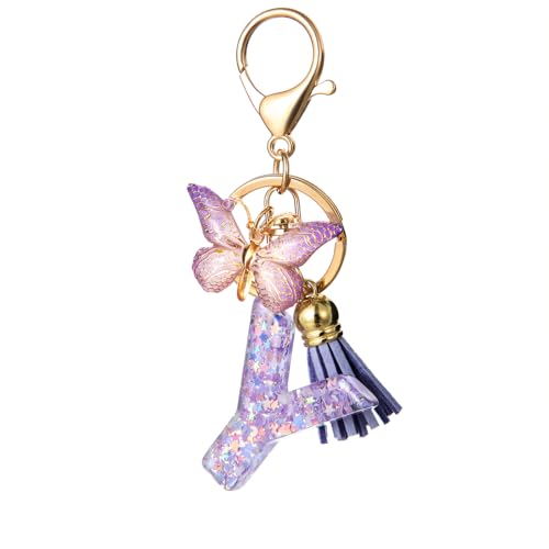TRAVELKNOT Schlüsselanhänger Buchstabe Mädchen Damen Süß Quasten Schmetterling Keychain Schultasche Auto Personalisierte Geschenke Lila von TRAVELKNOT
