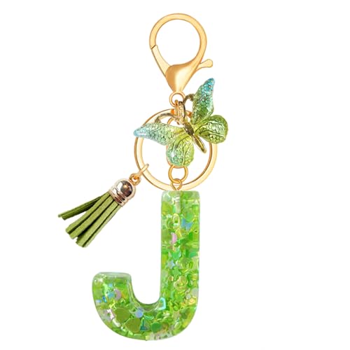 TRAVELKNOT Schlüsselanhänger Buchstabe Mädchen Damen Süß Quasten Schmetterling Keychain Schultasche Auto Personalisierte Geschenke Grün von TRAVELKNOT
