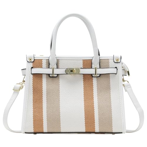 TRBSXRT Stofftasche für Damen, großes Fassungsvermögen, gestreift, Designer-Handtasche, Tragegriff oben und Schultertasche, Beige von TRBSXRT