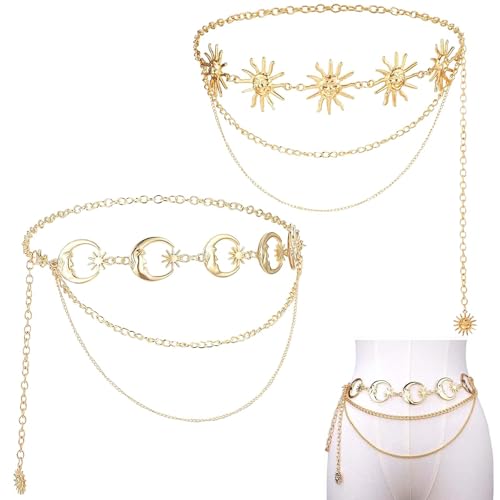 2PCS Gürtel Damen TREABEAR,Gürtel Gold, Kettengürtel Sonne und Mond, verstellbare mode taillengürtel von TREABEAR