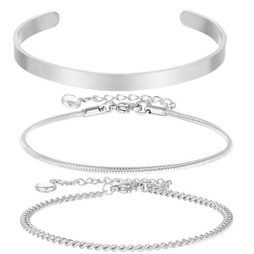 TREABEAR 3PCS Herren Armband Edelstahl, 20cm Armband Herren Silber, Edelstahl Gliederarmband, Stapelbar armband Set Passt An Die Meisten Handgelenke von Männern Und Frauen von TREABEAR