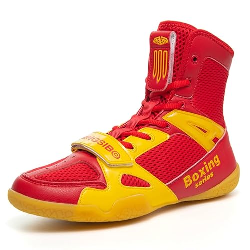 Boxschuhe, Ringerschuhe für Männer und Frauen, Kinder-, Indoor-Fitnessschuhe, Kampfschuhe, rutschfeste und atmungsaktive High Top Kampfsportschuhe (Rot Gelb,47) von TRECERO