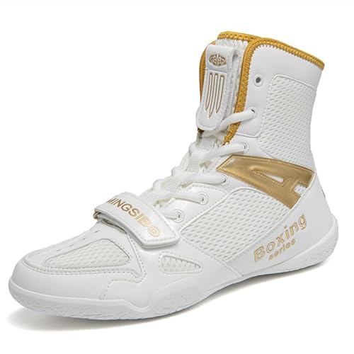 Boxschuhe, Ringerschuhe für Männer und Frauen, Kinder-, Indoor-Fitnessschuhe, Kampfschuhe, rutschfeste und atmungsaktive High Top Kampfsportschuhe (Weißgold,38) von TRECERO