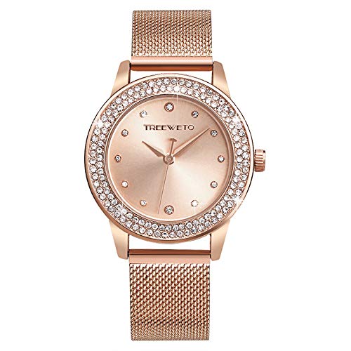 TREEWETO Damenuhr Analog Quarz Armband Armbanduhr Kristall Mesh Edelstahl Gürtel Damen Quarz Diamant Klassische Mode Romantisch Rosegold von TREEWETO