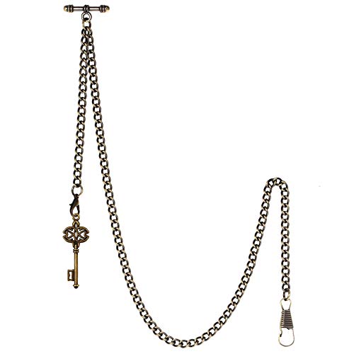TREEWETO Herren Doppel Albert Kette Taschenuhr Panzer Link Schlüsselanhänger 2 Haken mit antikem Schlüsselanhänger Design Charm Fob T Bar, Bronze, Retro von TREEWETO