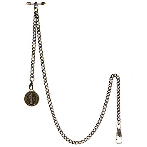 TREEWETO Herren Doppel Albert Kette Taschenuhr Panzer Link Schlüsselanhänger 2 Haken mit antikem St. Benedikt Anhänger Design Charm Fob T Bar, Bronze, Retro von TREEWETO