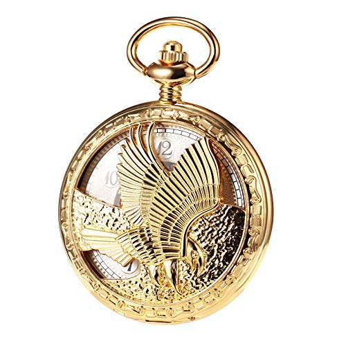 TREEWETO Herren Taschenuhr mit Kette, Retro Adler Analog Steampunk Skelett Uhr, Mechanisch Handaufzug Taschenuhren mit römischen Ziffern für Herren - Gold von TREEWETO