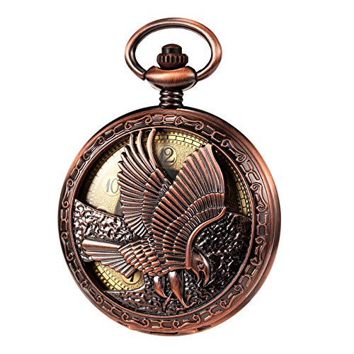 TREEWETO Herren Taschenuhr mit Kette, Retro Adler Analog Steampunk Skelett Uhr, Mechanisch Handaufzug Taschenuhren mit römischen Ziffern für Herren - Rote Bronze von TREEWETO